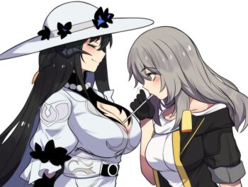 2girls black_hair black_jacket breasts cleavage closed_mouth constance_(honkai:_star_rail) dress drinking_straw drinking_straw_in_mouth grey_hair hat highres hinghoi holding holding_drinking_straw honkai:_star_rail honkai_(series) horns jacket large_breasts long_hair medium_breasts medium_hair multiple_girls open_clothes open_jacket shirt smile stelle_(honkai:_star_rail) trailblazer_(honkai:_star_rail) white_dress white_hat white_shirt yellow_eyes