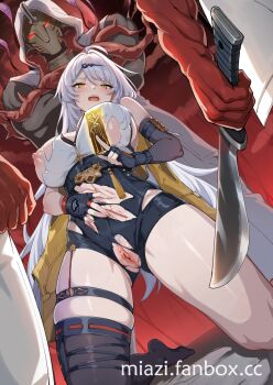 1girl 3boys ahoge between_fingers black_gloves black_shorts black_thighhighs breasts censored commentary_request cuts defeat elbow_gloves fingerless_gloves from_below gloves high-waist_shorts highres holding holding_machete injury kneeling large_breasts long_hair machete miazi mosaic_censoring multiple_boys nipples ofuda ofuda_between_fingers open_mouth pussy shorts single_elbow_glove single_thighhigh thigh_strap thighhighs torn_clothes vest white_hair yellow_eyes yellow_vest yixuan_(zenless_zone_zero) zenless_zone_zero