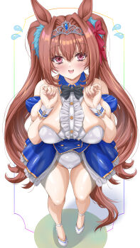 1girl absurdres adapted_costume akiha_(akiha_ttt) alternate_breast_size_(larger) animal_ears bare_legs bare_shoulders black_bow black_bowtie blush bow bowtie breasts breasts_squeezed_together brown_hair buttons center_frills collared_leotard covered_navel crotch_seam daiwa_scarlet_(peak_blue)_(umamusume) daiwa_scarlet_(umamusume) detached_sleeves fang fingernails fisheye flying_sweatdrops frilled_leotard frills full_body groin hair_between_eyes hair_bow hair_intakes hands_up highres horse_ears horse_girl horse_tail huge_breasts leotard long_hair looking_at_viewer nail_polish open_mouth pink_eyes pink_nails pinky_out red_bow shoes skindentation smile solo standing straight-on tail thigh_gap tiara twintails umamusume very_long_hair wing_collar