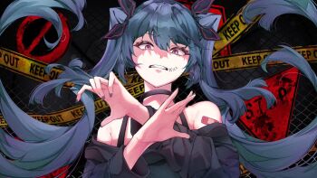 1girl bandaid bandaid_on_arm bare_shoulders black_bow black_collar black_shirt blue_hair blunt_ends bow caution_tape chain-link_fence clenched_teeth collar commentary curly_hair disgust english_commentary eyelashes facial_tattoo fence hair_between_eyes hair_bow hands_up hatsune_miku issues_(vocaloid) keep_out kobacha_(ochakoba) long_hair long_sleeves looking_at_viewer looking_down mesh no_entry_sign off-shoulder_shirt off_shoulder purple_eyes purple_nails road_sign shirt sign solo stop_sign tattoo teeth twintails video_thumbnail vocaloid x_(symbol)