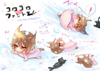 Rule 34 | !, 1boy, afterimage, animal, animal ears, animal hood, arknights, arrow (symbol), black cat, blush, brown eyes, brown hair, cat, chibi, closed mouth, fake animal ears, hair between eyes, highres, hood, hood down, lying, miss christine (arknights), motion lines, myluche, on back, on stomach, onesie, phantom (arknights), snow, snowman, spoken exclamation mark, tail, tragodia (arknights), translation request