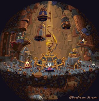 arthropod_girl bell bell_beast_(hollow_knight) black_eyes black_skin building cloak colored_skin daydream_stream full_body green_cloak green_hat hat holding holding_polearm holding_weapon hollow_eyes hollow_knight hollow_knight:_silksong horned_mask hornet_(hollow_knight) horns in-universe_location mask needle_(hollow_knight) pixel_art polearm red_cloak shakra_(hollow_knight) spear too_many_bells twitter_username weapon weapon_on_back white_mask