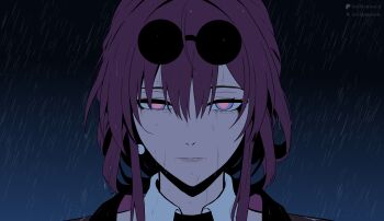 1girl absurdres chainsaw_man commentary dark_background english_commentary eyewear_on_head hair_between_eyes highres honkai:_star_rail honkai_(series) kafka_(honkai:_star_rail) long_hair looking_at_viewer lorddantesito purple_eyes purple_hair rain reze&#039;s_eye_twitch_(chainsaw_man) solo sunglasses wet