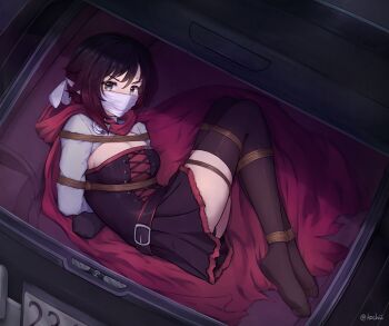 1girl arms_behind_back bdsm belt belt_buckle black_belt black_dress black_hair black_thighhighs blush bondage bound bound_ankles bound_arms bound_legs breasts buckle cape car_trunk cleavage cloth_gag commentary commission covered_mouth dress english_commentary flower frilled_dress frills from_above gag gradient_hair grey_eyes highres hood hooded_cape improvised_gag in_trunk kochiyo-desu large_breasts legs long_sleeves looking_at_viewer lying multicolored_hair no_shoes on_side pixiv_commission red_cape red_hair restrained rope rose ruby_rose rwby shibari shibari_over_clothes short_hair solo sweatdrop thighhighs twitter_username v-shaped_eyebrows white_flower white_rose