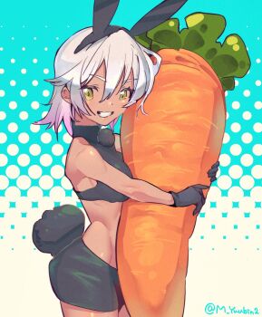 1girl :d artist_name black_gloves black_shorts black_sports_bra blue_background carole_peppers gloves grin highres honkai_(series) honkai_impact_3rd hugging_object looking_at_viewer matsushita_yuubin open_mouth polka_dot polka_dot_background short_hair shorts smile solo sports_bra teeth white_hair yellow_background yellow_eyes