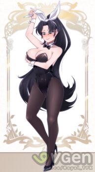 absurdly_long_hair arm_under_breasts artist_name black_hair blush commission dress_shoes ear_piercing green_eyes hair_over_eyes highres jewelry leggings long_hair noshiro_nanami original piercing playboy_bunny ponytail royal_tfx very_long_hair vgen_commission