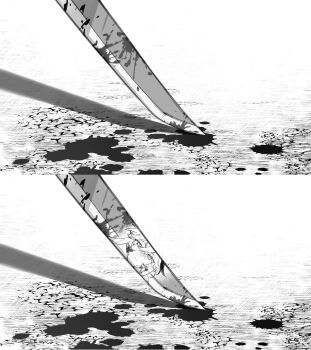 1boy blood blood_splatter bloody_weapon closed_mouth genshin_impact greyscale highres hiruru kaedehara_kazuha katana monochrome reflection reflection_focus shadow short_hair solo sword weapon