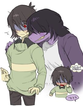 !? 1girl 1other ^^^ animification antenna_hair black_eyes black_hair black_pants black_shirt blush brown_hair claws closed_mouth collared_shirt colored_sclera colored_skin confused cowboy_shot deltarune empty_eyes fang fingernails freckles green_sweater hair_between_eyes hand_on_another&#039;s_shoulder hand_up jacket kris_(deltarune) long_hair long_sleeves looking_at_another messy_hair monster_girl multiple_views no_eyes open_clothes open_jacket other_with_female pants puffy_long_sleeves puffy_sleeves purple_jacket purple_skin red_eyes shaded_face shirt short_hair simple_background single_stripe skull_and_crossbones smile standing striped_clothes striped_sweater susie_(deltarune) sweat sweater t-shirt teeth upper_body utdr_(toby_fox) white_background white_shirt wide-eyed yellow_sclera yellow_skin yx_won2