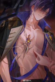 1boy absurdres badge black_cape black_pants blue_eyes blue_hair blue_necktie blurry blurry_background blush cape chain clarence_clayden clarence_clayden_(infinite_empire) collared_cape curtained_hair epaulettes eye_symbol furrowed_brow hair_between_eyes hand_on_another's_chest heterochromia hickey highres hip_bones holding_another's_wrist lapels looking_at_viewer lovebrush_chronicles male_focus mole mole_under_eye necktie nipples no_shirt out_of_frame pants parted_lips pectorals pov pov_hands sayahime short_hair solo sweat toned toned_male undone_necktie watermark weibo_watermark yellow_eyes