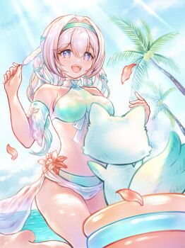 1girl 1other absurdres afezeria aqua_bikini belly bikini blush breasts firefly_(honkai:_star_rail) gradient_eyes gradient_hair green_pupils grey_hair hair_between_eyes hair_intakes highres holding honkai:_star_rail honkai_(series) long_hair medium_breasts multicolored_eyes multicolored_hair open_mouth smile swimsuit teeth upper_teeth_only