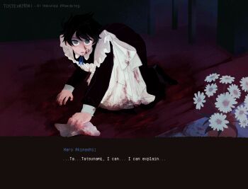 Rule 34 | 1boy, absurdres, akinashi haru, all fours, alternate costume, apron, artist name, black dress, black hair, blood, blood on clothes, blood on face, blood on ground, blue eyes, blue ribbon, character name, cleaning, commentary, contrast collar, crossdressing, dress, english commentary, english text, enmaided, flower, frilled apron, frills, highres, indoors, long sleeves, looking at viewer, maid, maid apron, male focus, neck ribbon, on floor, parted lips, ribbon, saihate eki, short hair, solo, tosteurmori, white apron