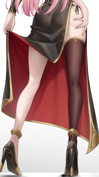 1girl absurdres ass black_dress black_nails black_panties black_shoes black_thighhighs colored_shoe_soles commentary dress english_commentary fingernails good_thighs_day hand_on_own_thigh high_heels highres hololive hololive_english legs long_fingernails long_hair lower_body mori_calliope mori_calliope_(1st_costume) nail_polish panties pantylines pink_hair pumps revision shadow shoe_soles shoes side-tie_panties side_slit simple_background single_thighhigh skirt_hold solo somebody_(leiking00) standing standing_on_one_leg thighhighs underwear very_long_hair virtual_youtuber white_background