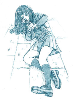 Rule 34 | 1girl, aiming, aiming at viewer, bbb (friskuser), belt, full body, gun, handgun, highres, holding, holding gun, holding weapon, inoue takina, jacket, kneehighs, loafers, long hair, lycoris recoil, lycoris uniform, monochrome, on ground, pleated skirt, shoes, skirt, socks, solo, weapon