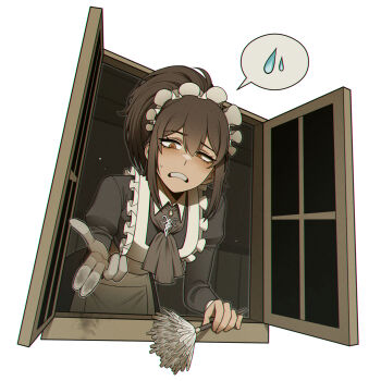 1girl apron brown_eyes brown_hair clenched_teeth dark-skinned_female dark_skin dirt duster high_ponytail highres holding holding_duster limbus_company maid maid_apron maid_headdress misg1111 nelly_(project_moon) ponytail project_moon solo spoken_sweatdrop sweatdrop teeth white_background window