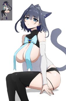 1girl absurdres animal_ear_fluff animal_ears black_hair black_thighhighs blue_eyes blue_gemstone bow bow_earrings breasts cat_ears cat_girl cat_tail commentary daydarion derivative_work detached_sleeves earrings english_commentary gem grey_background hair_intakes heart-shaped_gem highres hololive hololive_english jewelry large_breasts looking_at_viewer ouro_kronii ouro_kronii_(1st_costume) reference reference_inset short_hair simple_background solo tail tail_raised thighhighs virtual_youtuber white_background white_sleeves