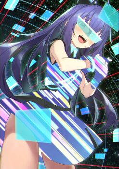 1girl absurdres commentary_request dress dutch_angle gloves hat highres idolmaster idolmaster_million_live! long_hair looking_at_viewer mochizuki_anna multicolored_dress multicolored_gloves open_mouth purple_hair shennai_misha sleeveless sleeveless_dress solo thighs voy@ger_(idolmaster) x_fingers