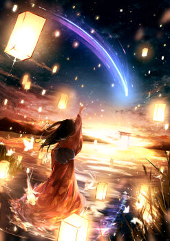 1girl comet grass hand_up highres japanese_clothes kimono lantern lantern_on_liquid long_hair ni_mono night night_sky on_water original paper_lantern print_kimono reaching red_kimono sky star_(sky) starry_sky torii