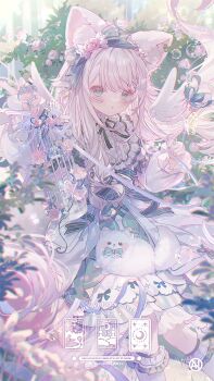 Rule 34 | 1girl, 2025, angel, animal, animal ear fluff, animal ears, birdcage, blue eyes, blue ribbon, cage, commentary, commission, dog, dress, english text, floating hair, hair between eyes, hair ribbon, hands up, highres, holding, holding cage, light blush, long hair, looking at viewer, original, parted lips, pink hair, puffy sleeves, ribbon, symbol-only commentary, umehara sei, very long hair