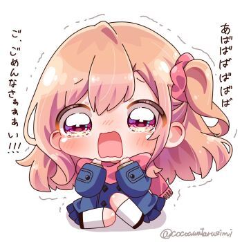 1girl apologizing blue_coat blue_skirt blush buttons chibi chibi_only coat commentary_request double-breasted fukune_koko full_body hair_ornament hair_scrunchie highres ikizulive!_love_live!_bluebird long_hair long_sleeves love_live! miniskirt nose_blush one_side_up open_mouth orange_hair pleated_skirt red_eyes red_scarf red_scrunchie scarf scrunchie sidelocks skirt socks solo takahashi_polka tearing_up tears translation_request wavy_mouth white_socks