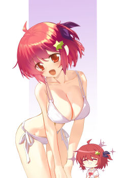 1girl :d absurdres ahoge bikini black_ribbon blush bow bowtie breasts chibi chibi_inset chinese_commentary cleavage collarbone commentary_request cowboy_shot eyes_visible_through_hair grin hair_between_eyes hair_ornament hair_ribbon hand_on_own_knee happy head_tilt highres hoshizora_no_memoria large_breasts leaning_forward looking_at_viewer medium_hair minahoshi_asuho muchun_(2571268436) one_side_up open_mouth purple_background red_bow red_bowtie red_eyes red_hair ribbon sailor_collar school_uniform serafuku shirt side-tie_bikini_bottom sidelocks simple_background smile solo sparkle star_(symbol) star_hair_ornament swimsuit thigh_gap thighs two-tone_background upper_body v_arms white_background white_bikini white_sailor_collar white_shirt