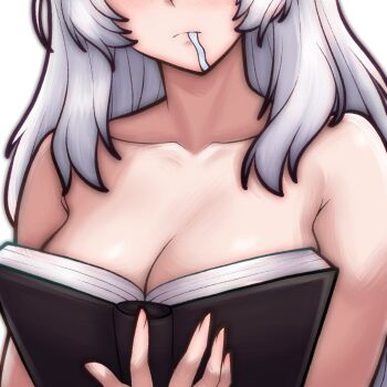 1girl bare_arms bare_shoulders boobs_in_book_(meme) book breasts cleavage close-up commission eyes_out_of_frame goddess_of_victory:_nikke head_out_of_frame holding holding_book large_breasts long_hair meme open_book rotomdocs second-party_source snow_white_(nikke) solo white_hair