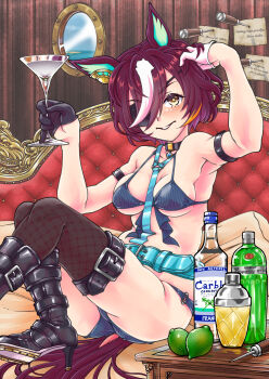 1girl alcohol alternate_costume animal_ears aqua_belt aqua_necktie armpits asymmetrical_gloves belt bikini black_belt black_choker black_gloves black_shoes blush breasts brown_hair choker cocktail_glass cocktail_shaker commentary_request cup drinking_glass ear_ornament eyepatch fishnet_thighhighs fishnets gloves high_heels highres horse_ears horse_girl horse_tail looking_at_viewer medium_breasts miki123 multicolored_hair necktie pendant_choker shoes short_hair sitting solo streaked_hair swimsuit table tail tanino_gimlet_(umamusume) thigh_belt thigh_strap thighhighs umamusume white_gloves white_hair wooden_table yellow_eyes