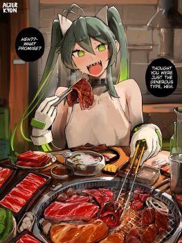 1girl alterkyon borrowed_character chopsticks commentary cooking eating english_commentary english_text food gloves gradient_hair green_hair grill grilling highres holding holding_chopsticks indoors long_hair meat multicolored_hair original pov sharp_teeth shirt sleeveless sleeveless_shirt solo speech_bubble teeth twintails two-tone_hair very_long_hair white_gloves yakiniku