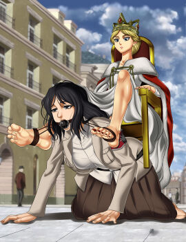 2girls absurdres black_hair blonde_hair f0reverking feet femdom gag highres krista_lenz long_hair military_uniform multiple_girls pieck_finger shingeki_no_kyojin slave