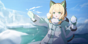 1girl :d absurdres animal_ear_headphones animal_ears aqua_coat blonde_hair blue_archive blurry blurry_background blush bow cat_ear_headphones cat_ears cat_tail chinese_commentary chromatic_aberration coat commentary_request day depth_of_field fake_animal_ears fake_tail film_grain green_bow green_eyes green_mittens hair_bow halftone hand_up headphones highres holding holding_snowball hood hood_down hooded_coat long_sleeves low-tied_sidelocks medium_hair midori_(blue_archive) midori_(winter)_(blue_archive) mittens multicolored_coat no_halo official_alternate_costume open_mouth outdoors outstretched_arm print_scarf scarf scarf_bow shadow sidelocks sky smile snow snowball snowball_fight solo sparkle tail text_print throwing upper_body water white_scarf winter winter_clothes winter_coat xiao_sa_(hayatekkk) zipper zipper_pull_tab