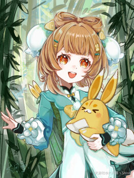 1girl :d bamboo bamboo_forest bow-shaped_hair brown_hair chinese_clothes chinese_commentary commentary_request dress flower forest genshin_impact hair_ornament hairclip highres holding liuyuexue_snow long_sleeves looking_at_viewer nature open_mouth orange_eyes rabbit_hair_ornament smile solo stuffed_animal stuffed_toy teeth yaoyao_(genshin_impact) yaoyao_(rainlit_bamboo_reverie)_(genshin_impact) yuegui_(genshin_impact)