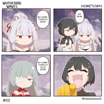 3girls :3 :d absurdres black_jacket bow bowtie chibi closed_eyes female_rover_(perpetual_spark)_(wuthering_waves) female_rover_(wuthering_waves) highres hiyuki_(wuthering_waves) jacket laughing laughing_cat_pointing_at_you_(meme) long_hair meme multiple_girls nohanohane open_mouth phrolova_(wuthering_waves) pointing rover_(wuthering_waves) smile speech_bubble wuthering_waves yellow_bow yellow_bowtie