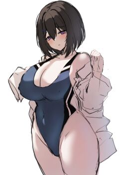 1girl black_hair blush breasts cleavage collarbone competition_swimsuit covered_navel highres large_breasts liya long_sleeves looking_at_viewer one-piece_swimsuit original parted_lips purple_eyes shirt short_hair simple_background sketch solo standing swimsuit unfinished white_background white_shirt