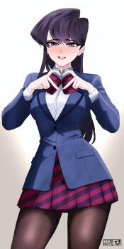 1girl blazer blush bow breasts heart heart_hands highres jacket komi-san_wa_komyushou_desu komi_shouko legs long_hair looking_at_viewer medium_breasts pale_skin pleated_skirt purple_eyes purple_hair school_uniform seductive_smile skirt smile solo themaker thighhighs