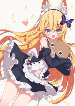 1girl absurdres animal_ears bare_shoulders black_shirt black_skirt blonde_hair blue_eyes blush butterfly_hair_ornament commission detached_sleeves fox_ears fox_girl frilled_skirt frilled_sleeves frills hair_ornament highres hugging_object long_hair long_sleeves looking_at_viewer maid_headdress navel open_mouth original shiro9jira shirt simple_background skeb_commission skirt smile solo white_background