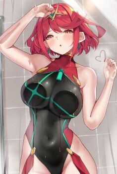 1girl against_glass bare_shoulders black_one-piece_swimsuit blush breast_press breasts breasts_on_glass chest_jewel competition_swimsuit covered_navel earrings gem headpiece highres jewelry large_breasts looking_at_viewer matrix16 one-piece_swimsuit pyra_(pro_swimmer)_(xenoblade) pyra_(xenoblade) red_eyes red_hair red_one-piece_swimsuit short_hair shower_(place) solo swept_bangs swimsuit tiara xenoblade_chronicles_(series) xenoblade_chronicles_2