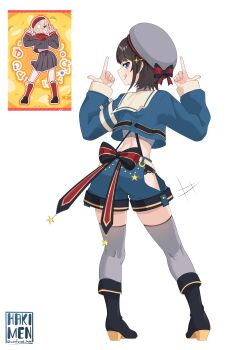 2girls :q absurdres aqua_eyes artist_name ass_shake beret boots brown_hair catcher_in_the_ui commentary creator_connection cropped_jacket dancing english_commentary hakimen hat highres hololive indie_virtual_youtuber looking_back midriff multiple_girls official_alternate_costume oozora_subaru oozora_subaru_(suspenders) photo-referenced shigure_ui_(1st_costume)_(vtuber) shigure_ui_(vtuber) short_hair shorts signature simple_background thighhighs tongue tongue_out translation_request twitter_username virtual_youtuber white_background