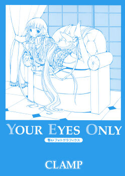 1girl 2000s_(style) absurdres android ankle_ribbon barefoot blue_theme chair chii chobits clamp clamp_(circle) curtains english_text frilled_shorts frills highres indoors leg_ribbon long_hair looking_at_viewer looking_back lying monochrome non-web_source official_art on_stomach ribbon robot_ears shorts the_pose very_long_hair window