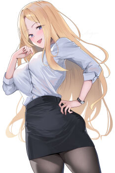 1girl :d black_pantyhose black_skirt blonde_hair blue_eyes blush breasts dress_shirt gakuen_idolmaster hand_on_own_hip highres idolmaster juo_sena large_breasts long_hair looking_at_viewer nail_polish open_mouth pantyhose pink_nails shirt shougun_(chuckni1) simple_background skirt smile solo very_long_hair watch white_background white_shirt wristwatch