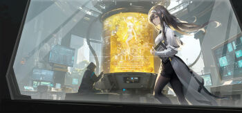 1girl 1other arknights bench black_gloves black_skirt brown_eyes brown_hair cable chair clipboard commentary desk doctor's_coat_(arknights) doctor_(arknights) english_commentary gloves hair_lift hairband highres holding holding_clipboard hood hooded_coat lab_coat laboratory long_hair looking_at_viewer miniskirt monitor pantyhose priestess_(arknights) scenery screen sitting skirt stasis_tank train_hb walking window