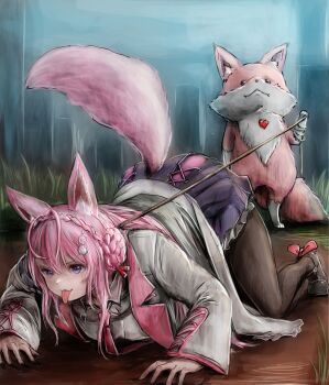 1girl :3 ahoge all_fours animal_ear_fluff animal_ears braid breasts chemical_structure collared_shirt commentary_request hair_between_eyes hakui_koyori hakui_koyori_(1st_costume) heart hexagon_hair_ornament highres hololive kokoro_(hakui_koyori) lab_coat large_breasts long_hair long_sleeves necktie nymph_rhythm on_ground outdoors pantyhose pink_hair pink_necktie purple_eyes red_ribbon ribbon shirt skirt standing strap tail tongue tongue_out virtual_youtuber white_shirt wolf_ears wolf_girl wolf_tail