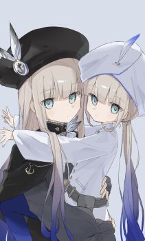 Rule 34 | 2boys, black hat, captain nemo (fate), carrying, carrying person, closed mouth, commentary, fate/grand order, fate (series), gradient hair, green eyes, grey background, hat, highres, long sleeves, looking at viewer, male focus, multicolored hair, multiple boys, nemo (fate), noah (fate), shirt, su dong huo ji, trap, turban, white shirt, white turban