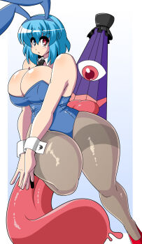 1girl akasode_(tyaramu) black_pantyhose blue_background blue_eyes blue_hair breasts cleavage commentary_request curvy full_body gradient_background heterochromia highres huge_breasts karakasa_obake looking_at_viewer pantyhose purple_umbrella red_eyes red_shoes shoes short_hair solo tatara_kogasa tongue tongue_out touhou umbrella wrist_cuffs