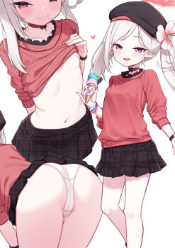 1girl alternate_costume ass black_skirt blue_archive clothes_lift flower food hair_flower hair_ornament halo hat highres holding ice_cream loli long_hair looking_at_viewer multiple_views mutsuki_(blue_archive) navel nipples paid_reward_available panties red_halo shokupan_(slvk12) skirt smile sweater underwear white_panties
