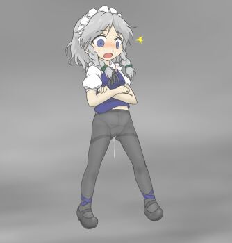 1girl blue_dress blush bow braid crossed_arms dress female_focus green_bow grey_background grey_hair grey_pantyhose hair_bow izayoi_sakuya maid maid_headdress mudadamuda open_mouth panties panties_under_pantyhose pantyhose pussy_juice pussy_juice_drip pussy_juice_drip_through_clothes shoes standing surprised touhou twin_braids underwear
