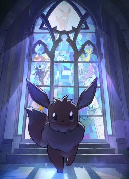 :3 church closed_mouth dot_nose eevee espeon flareon gen_1_pokemon gen_2_pokemon gen_4_pokemon gen_6_pokemon glaceon highres jolteon leafeon lens_flare light_rays looking_at_viewer nintendo pokemon pokemon_(creature) pokemon_focus senji_(kurisusen1) smile stained_glass stairs sylveon tail umbreon vaporeon walking window