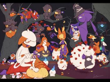 3others :o alolan_form alolan_marowak alternate_color alternate_shiny_pokemon animal_ears antennae ariados arthropod_limbs banette basket bat_(animal) black_border black_hat blue_fire bonsly border bug candy colored_skin crobat curled_horns delphox everyone fire food foongus fox_ears full_body furry gen_2_pokemon gen_3_pokemon gen_4_pokemon gen_5_pokemon gen_6_pokemon gen_7_pokemon gourgeist grey_background hat holding holding_basket hoppip horns isutai kricketot lampent leavanny limited_palette litwick looking_at_another looking_at_viewer mismagius morelull multiple_others murkrow mushroom nintendo noibat orange_eyes orange_fur outdoors pachirisu pokemon pokemon_(creature) pumpkaboo purple_horns shroomish simple_background smeargle spider spinda standing swirlix whimsicott white_fur witch_hat yellow_skin
