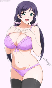 1girl absurdres alterrealzero black_thighhighs blush bow bow_bra bra breasts commentary english_commentary green_eyes hair_ornament hair_scrunchie highres large_breasts long_hair long_sleeves love_live! love_live!_school_idol_project navel open_mouth pink_background pink_bra pink_scrunchie scrunchie simple_background smile solo thighhighs tojo_nozomi twintails underwear