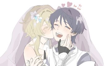 +++ 1boy 1girl absurdres black_gloves blonde_hair blue_flower blunt_ends blush closed_eyes clothing_cutout colored_eyelashes couple english_text eyeliner eyeshadow facing_another flower genshin_impact gloves grey_hair hair_flower hair_ornament hand_on_another's_arm hand_on_another's_face happy hashtag-only_commentary hetero highres japanese_clothes kariginu kimono kiss kissing_cheek layered_sleeves lumine_(genshin_impact) makeup multicolored_flower open_mouth partially_fingerless_gloves pink_veil purple_kimono purple_sleeves red_eyeliner red_eyeshadow sanim12607849 scaramouche_(genshin_impact) scaramouche_(kabukimono)_(genshin_impact) scarf see-through_clothes see-through_veil shared_veil short_hair short_hair_with_long_locks shoulder_cutout sidelocks teeth tongue veil white_background white_flower white_scarf wispy_bangs