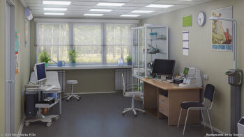 2018 3d artist_name bed cabinet calendar_(object) ceiling ceiling_light chair clock computer cyrillic door drawer forest glass grass highres indoors interior microscope monitor nature no_humans office original plant poster_(object) potted_plant radiator scenery surafin watering weighing_scale window