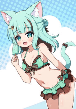 1girl animal_ear_fluff animal_ears bikini breasts cat_ears cat_girl cat_tail character_request commentary_request commission copyright_request food holding holding_food navel nekono_rin skeb_commission smile solo swimsuit tail